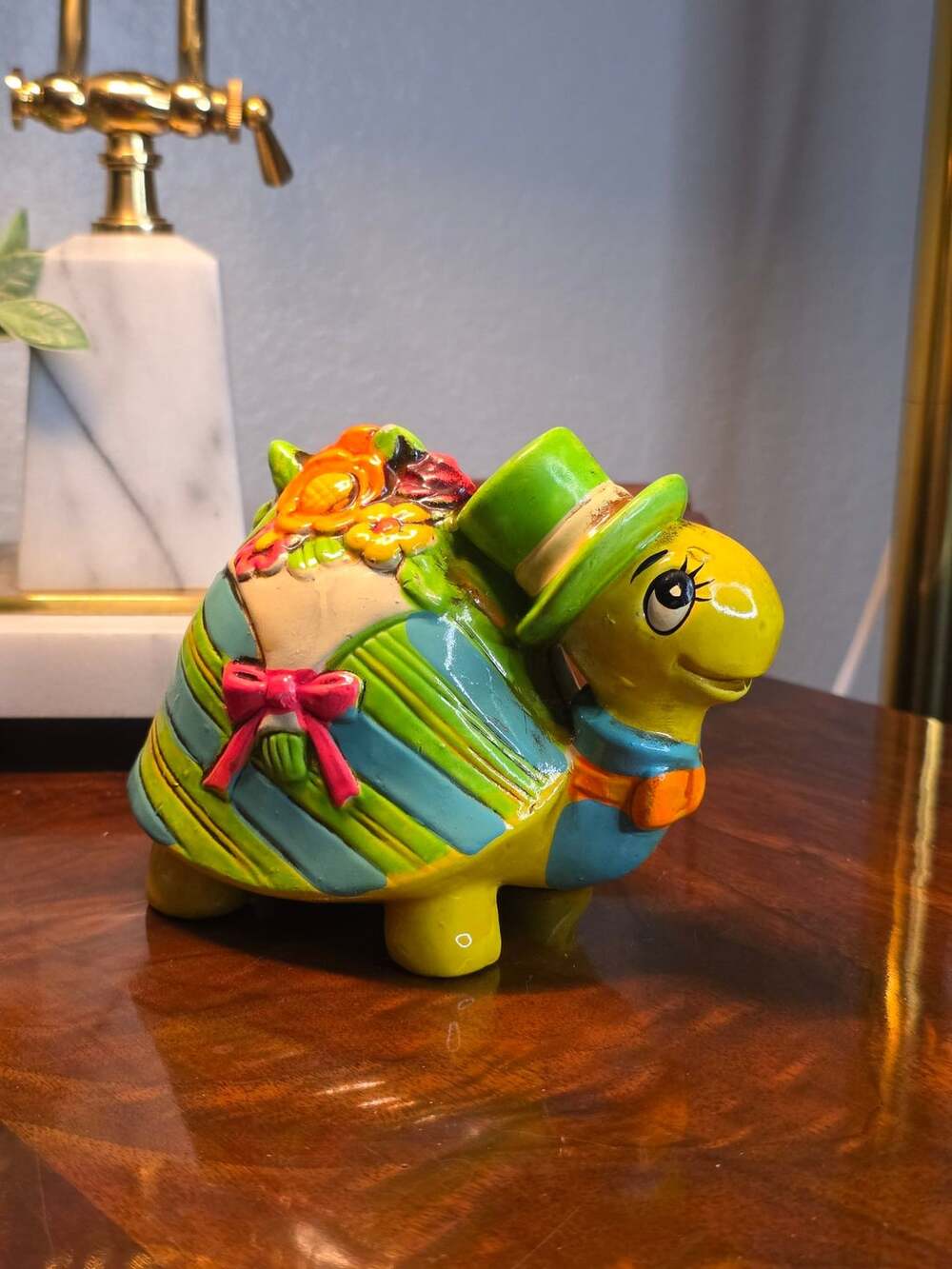 Vintage Ceramic Turtle Figurine Top Hat Coin Bank